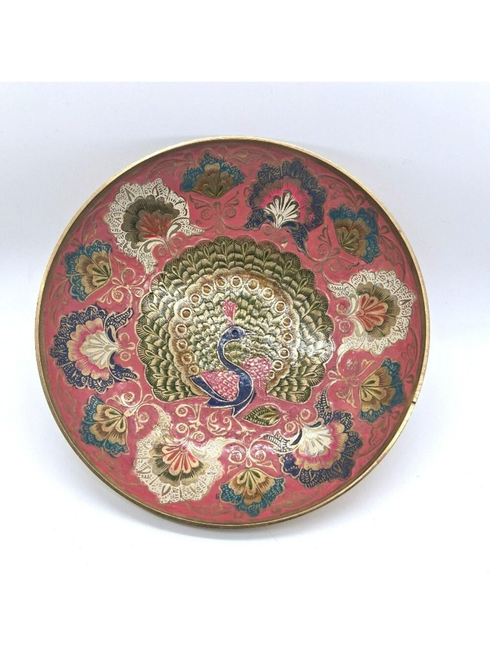 Brass Cloisonne Pedestal Bowl Peacock Floral Embossed Motif Made in India
